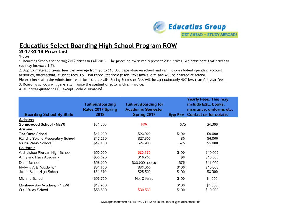 Educatius Select Boarding High School Program ROW 2017-2018 Price List *Notes: 1