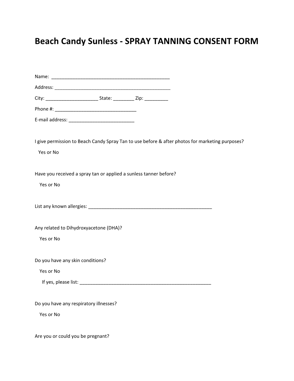 Beach Candy Sunless - SPRAY TANNING CONSENT FORM