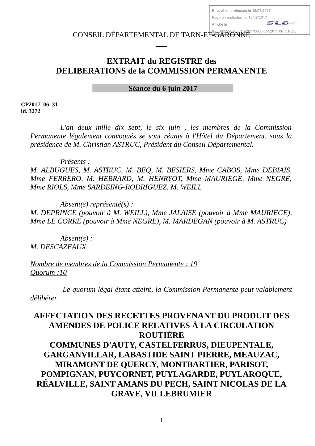 EXTRAIT Du REGISTRE Des DELIBERATIONS De La COMMISSION PERMANENTE