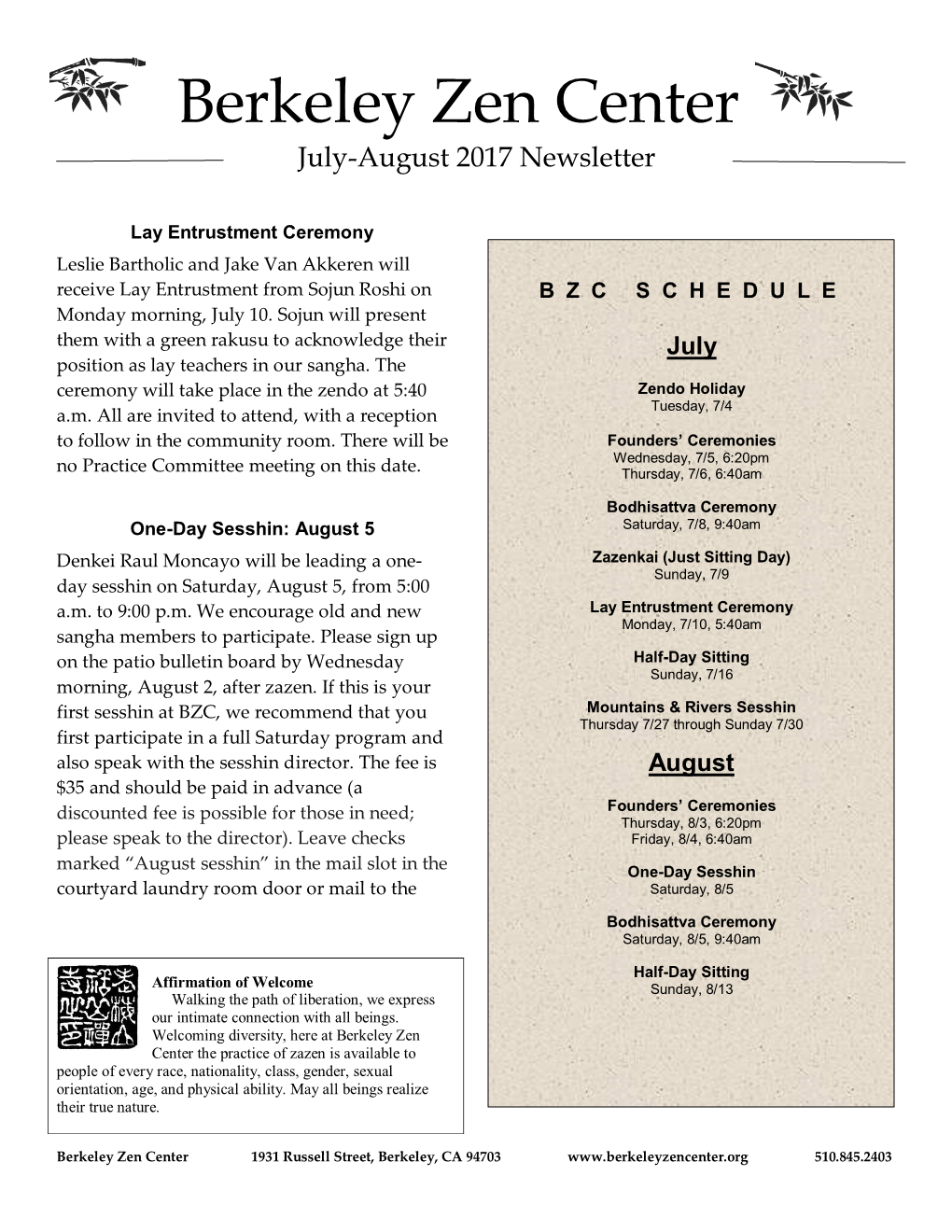 Berkeley Zen Center July-August 2017 Newsletter