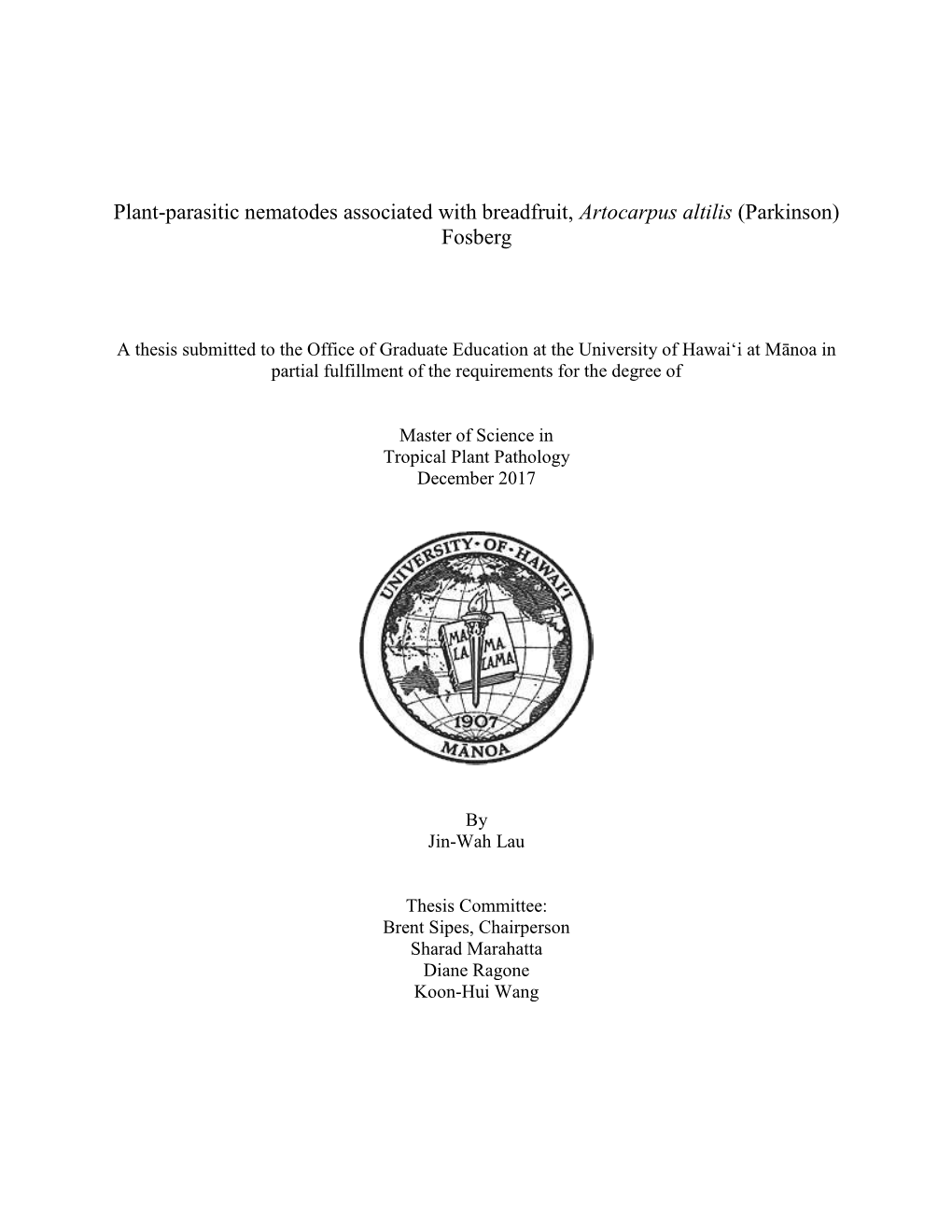 Plant-Parasitic Nematodes Associated with Breadfruit, Artocarpus Altilis (Parkinson) Fosberg