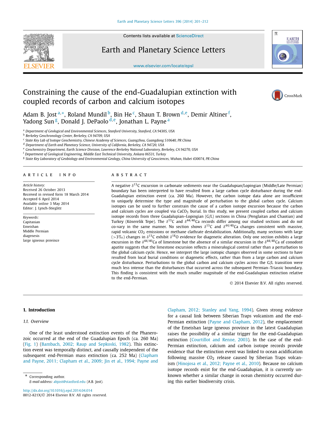 Constraining the Cause of the End-Guadalupian Extinction with Coupled Records of Carbon and Calcium Isotopes ∗ Adam B