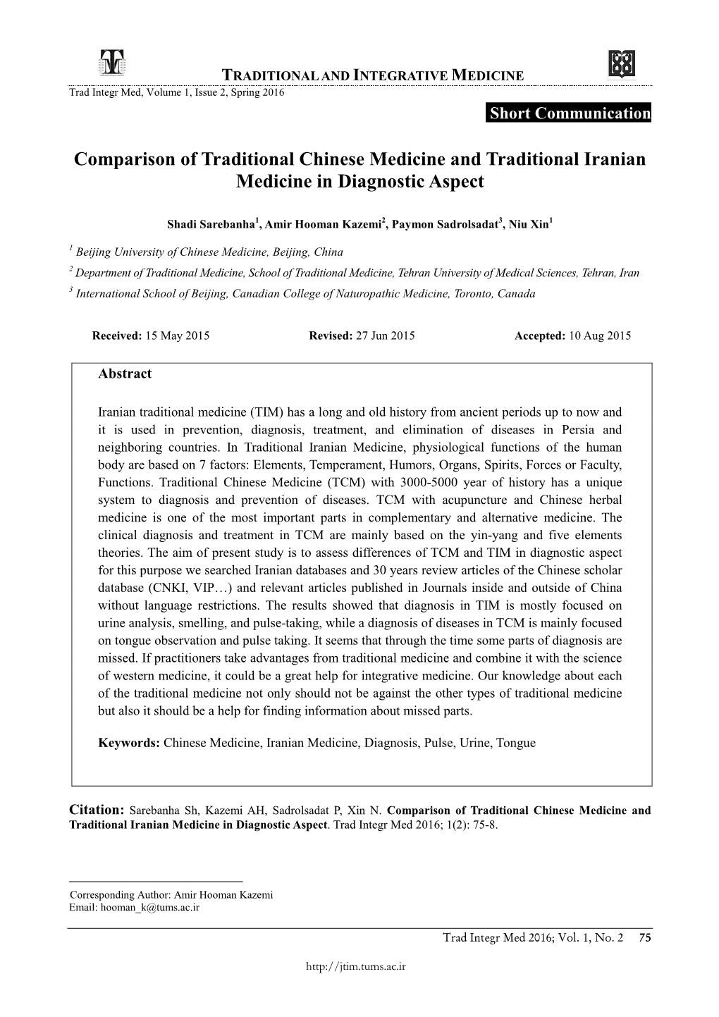Comparison of Traditional Chinese Medicine and Traditional Iranian Medicine in Diagnostic Aspect