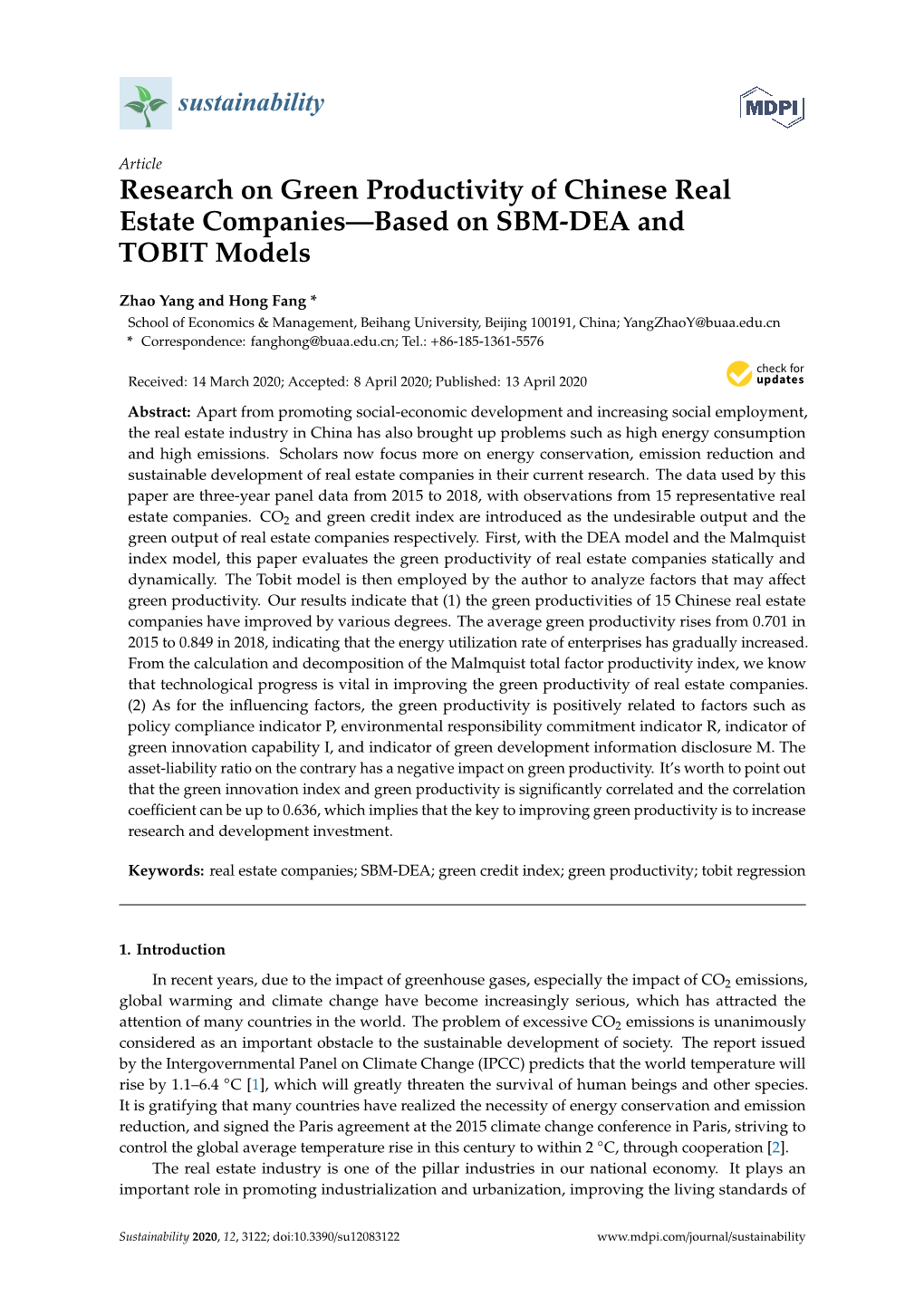 Research on Green Productivity of Chinese Real Estate Companies—Based on SBM-DEA and TOBIT Models