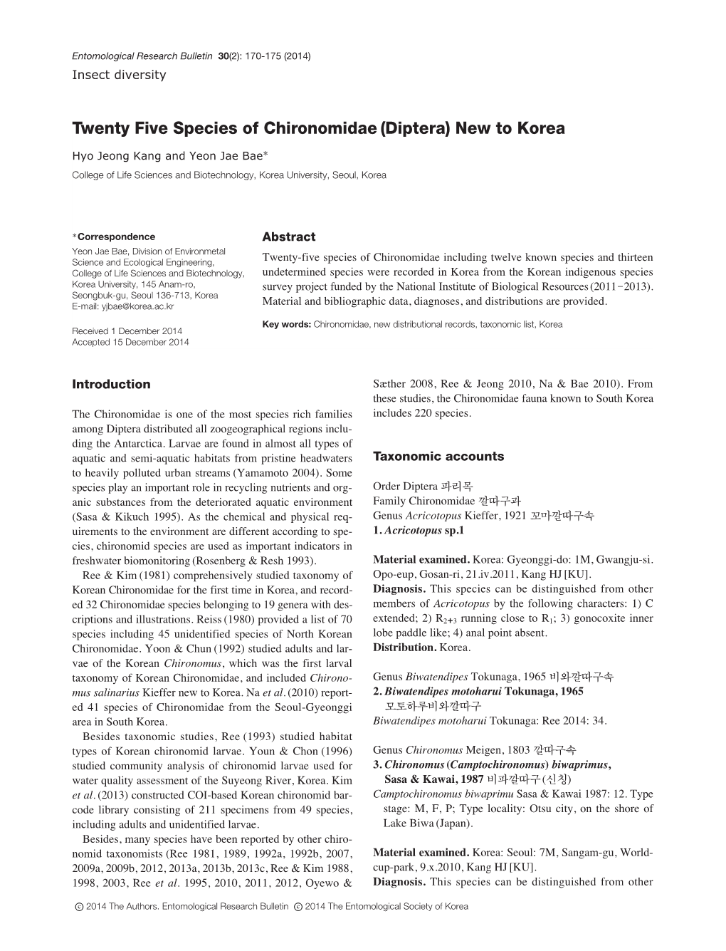 Twenty Five Species of Chironomidae (Diptera) New to Korea