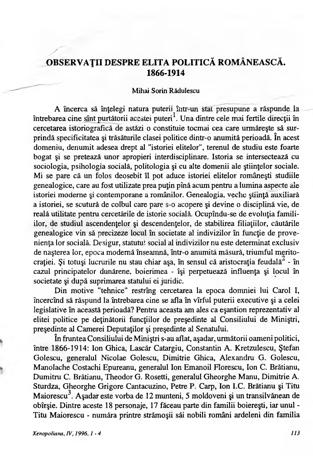 S ' Observaţii Despre Elita Politică Românească