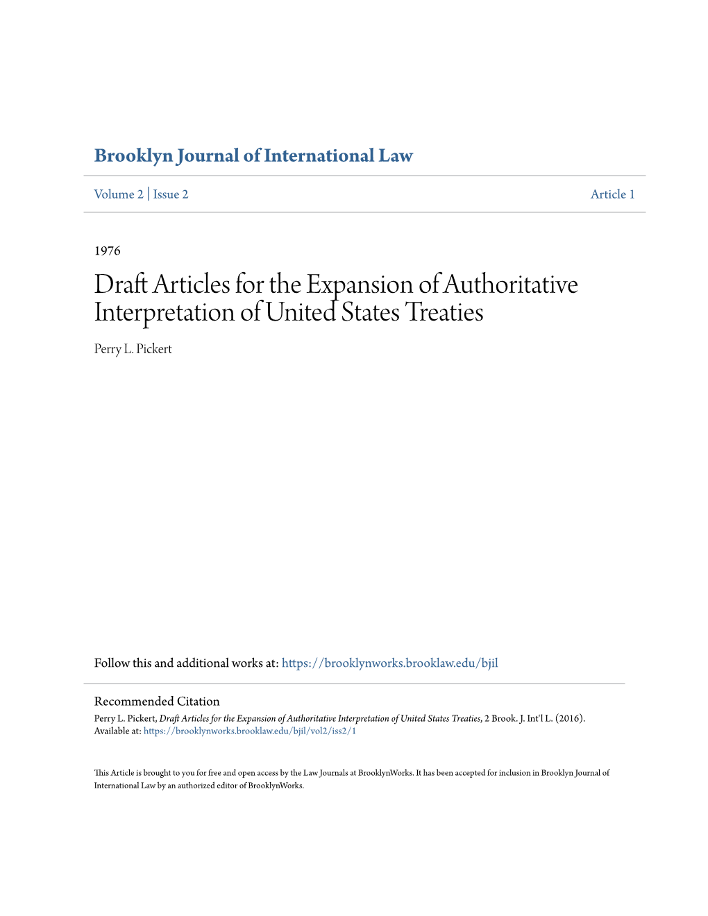 Draft Articles for the Expansion of Authoritative Interpretation of United States Treaties Perry L