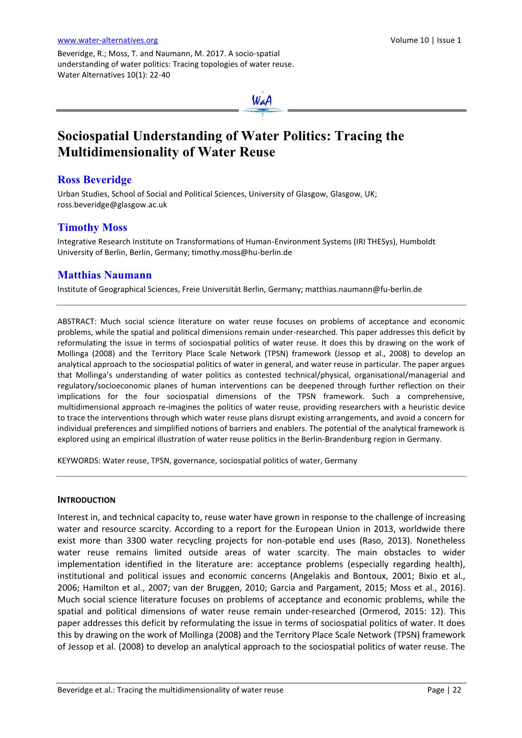 Sociospatial Understanding of Water Politics: Tracing the Multidimensionality of Water Reuse