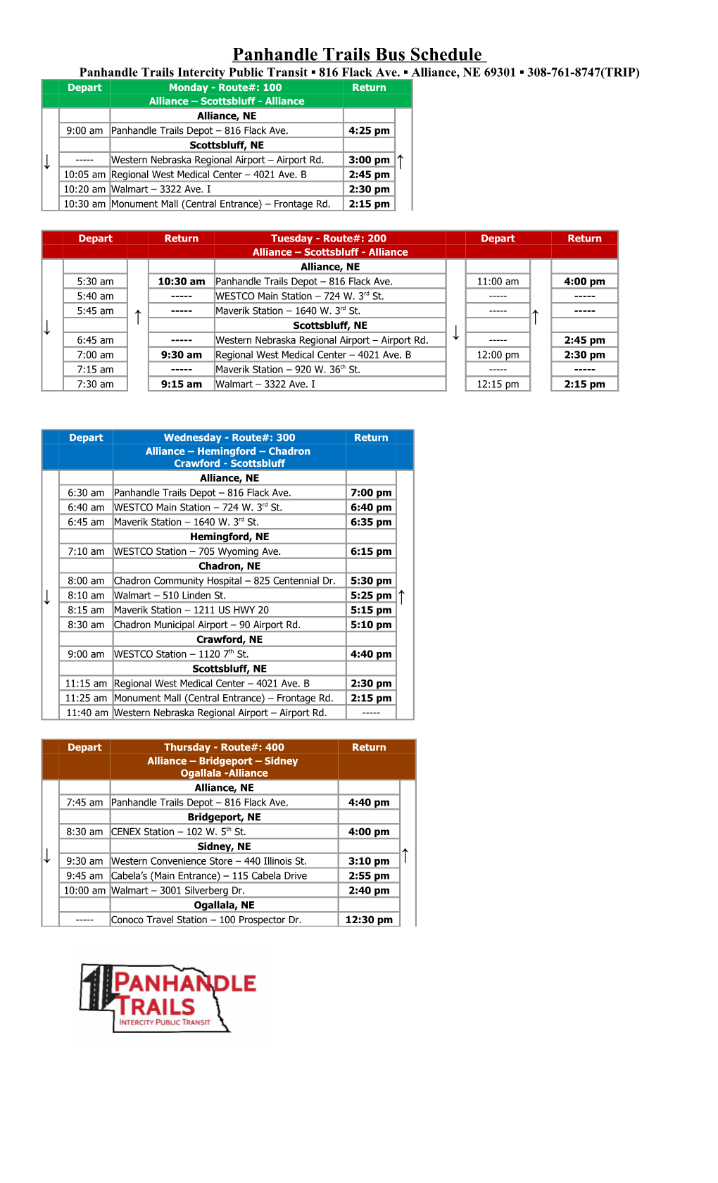 Panhandle Trails Intercity Public Transit 816 Flack Ave. Alliance, NE 69301 308-761-8747(TRIP)