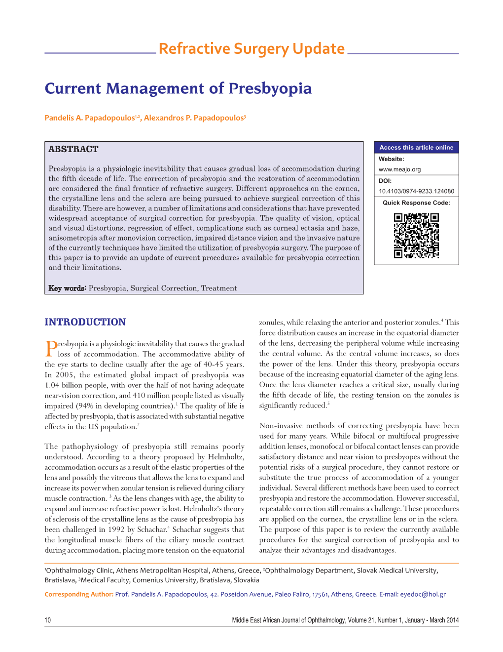 Current Management of Presbyopia Refractive Surgery Update