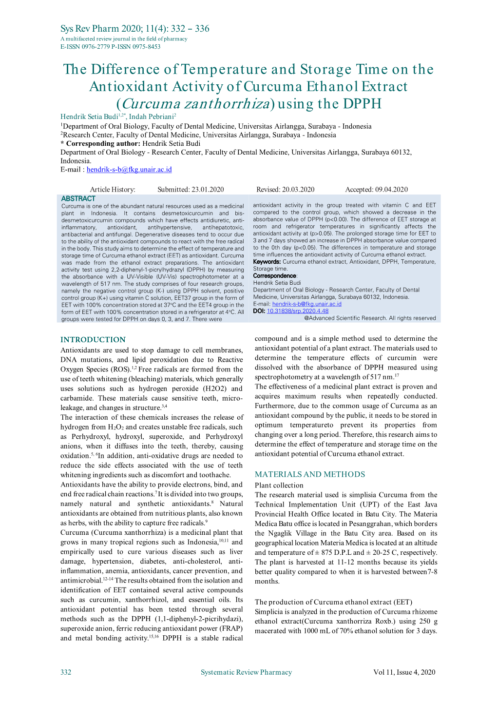 (Curcuma Zanthorrhiza) Using the DPPH