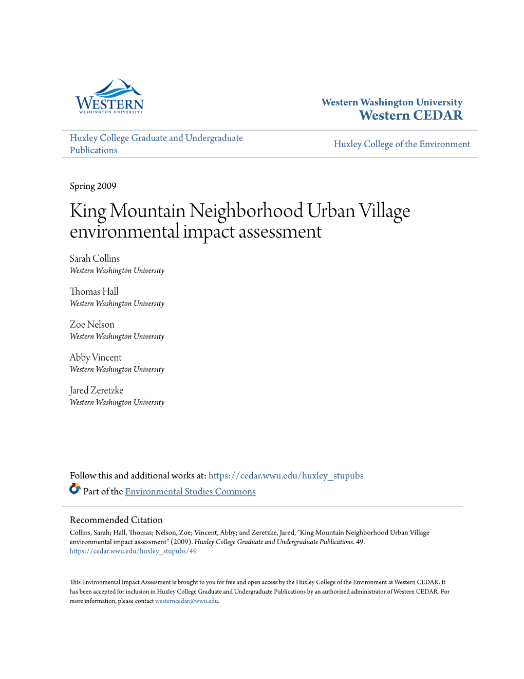 King Mountain Neighborhood Urban Village Environmental Impact Assessment Sarah Collins Western Washington University