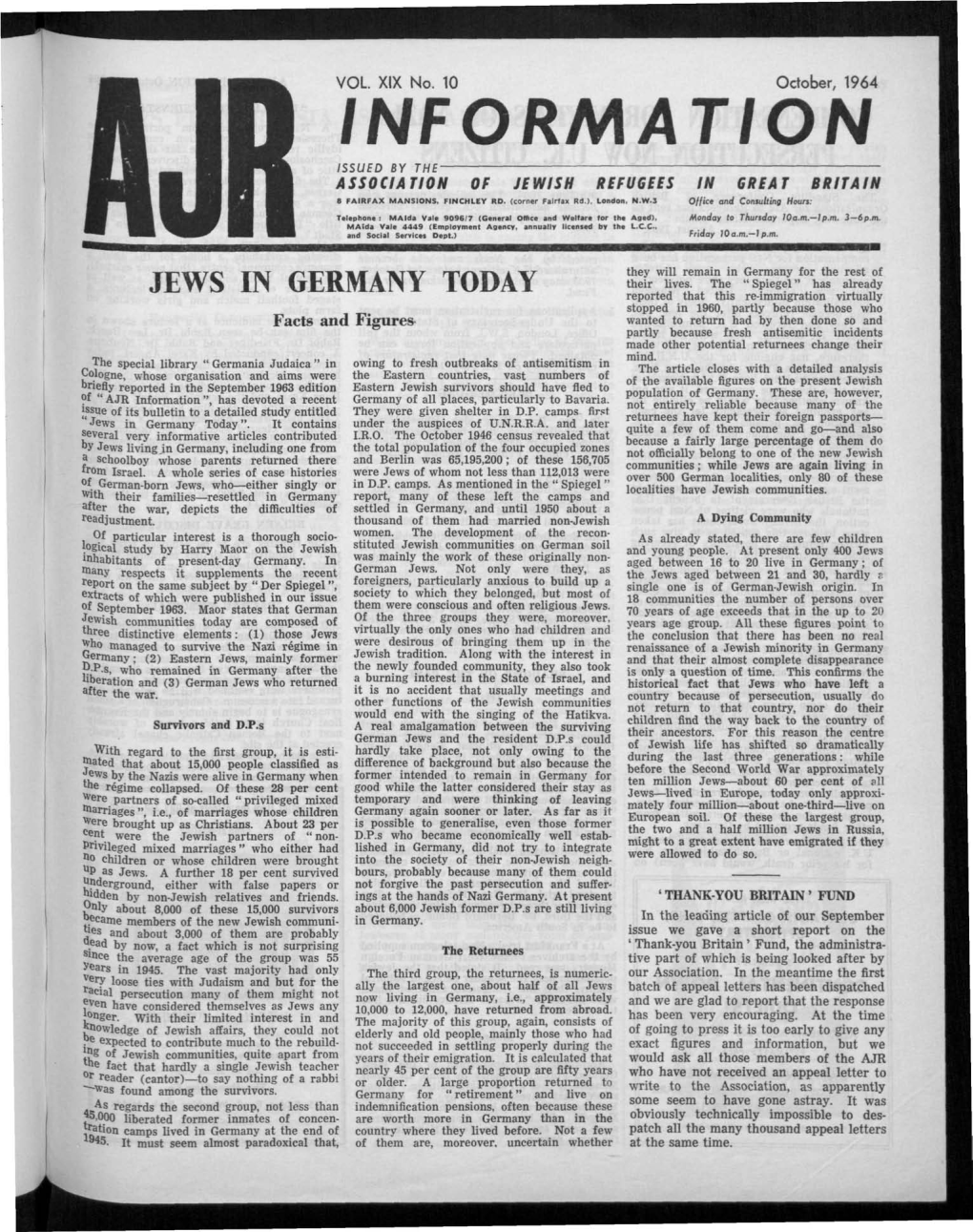 INFORMATION ISSUED by the ASSOCIATION of JEWISH REFUGEES in GREAT BRITAIN a FAIRFAX MANSIONS, FINCHLEY RD