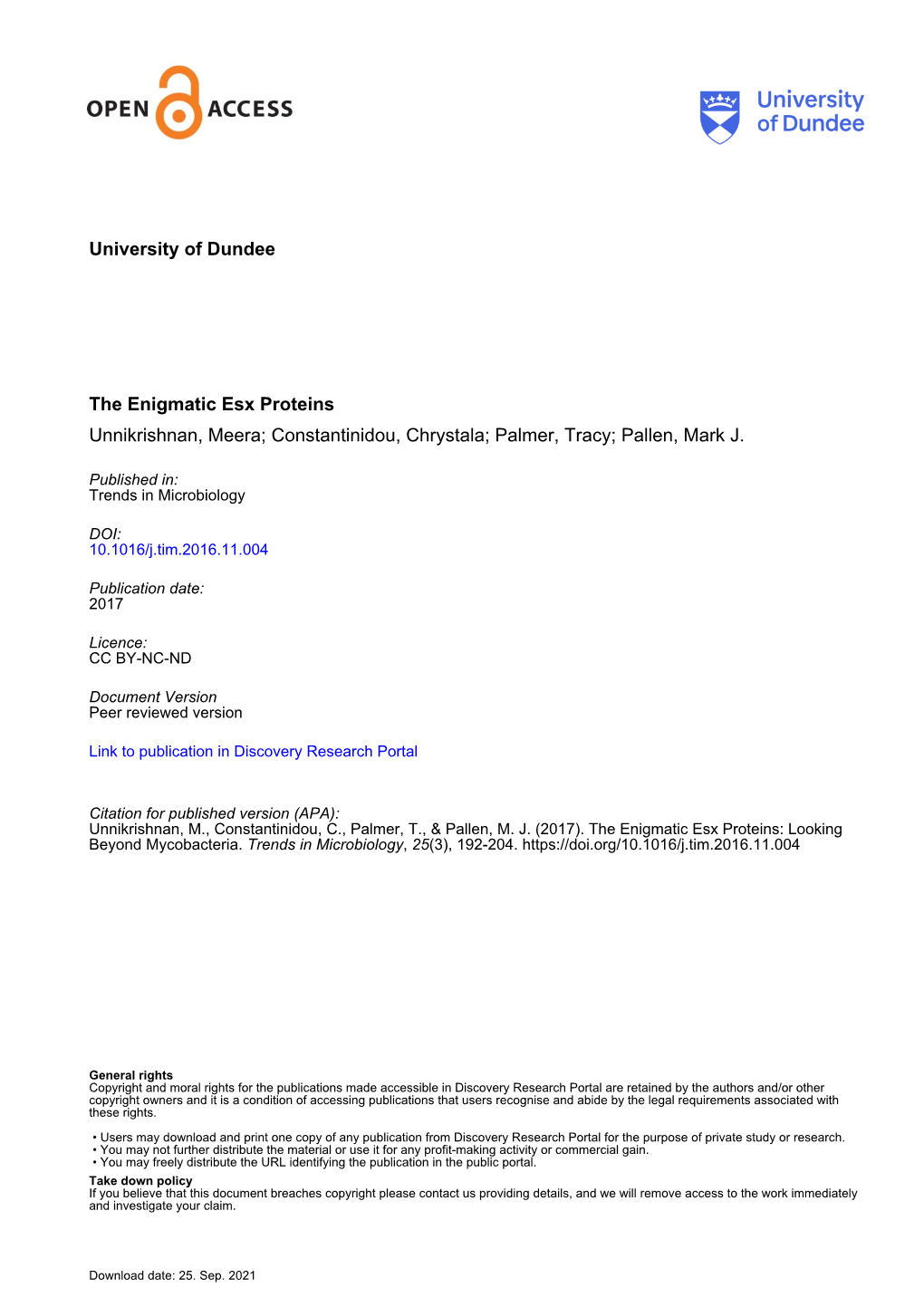 University of Dundee the Enigmatic Esx Proteins Unnikrishnan, Meera