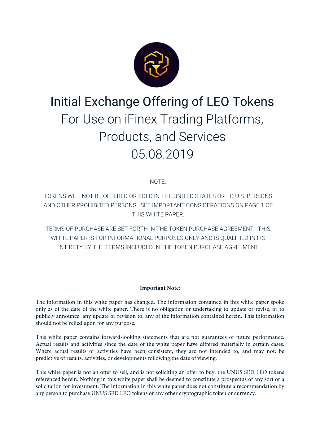 Initial Exchange Offering of LEO Tokens for Use on Ifinex Trading Platforms, Products, and Services 05.08.2019