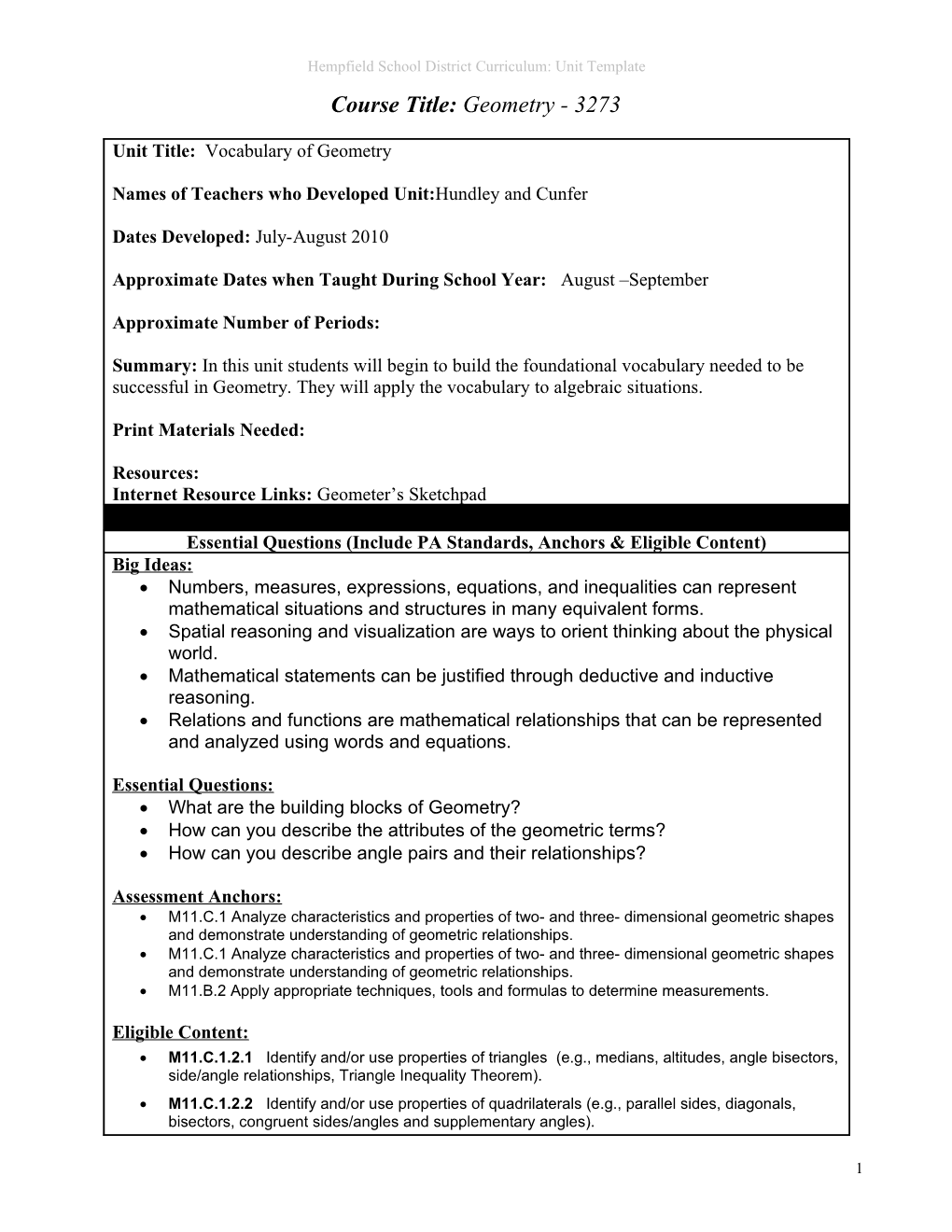 Hempfield School District Curriculum: Unit Template