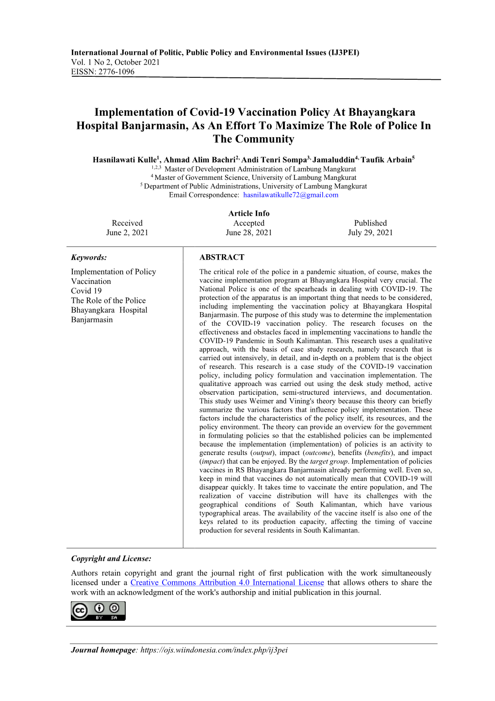 Implementation of Covid-19 Vaccination Policy at Bhayangkara Hospital Banjarmasin, As an Effort to Maximize the Role of Police in the Community