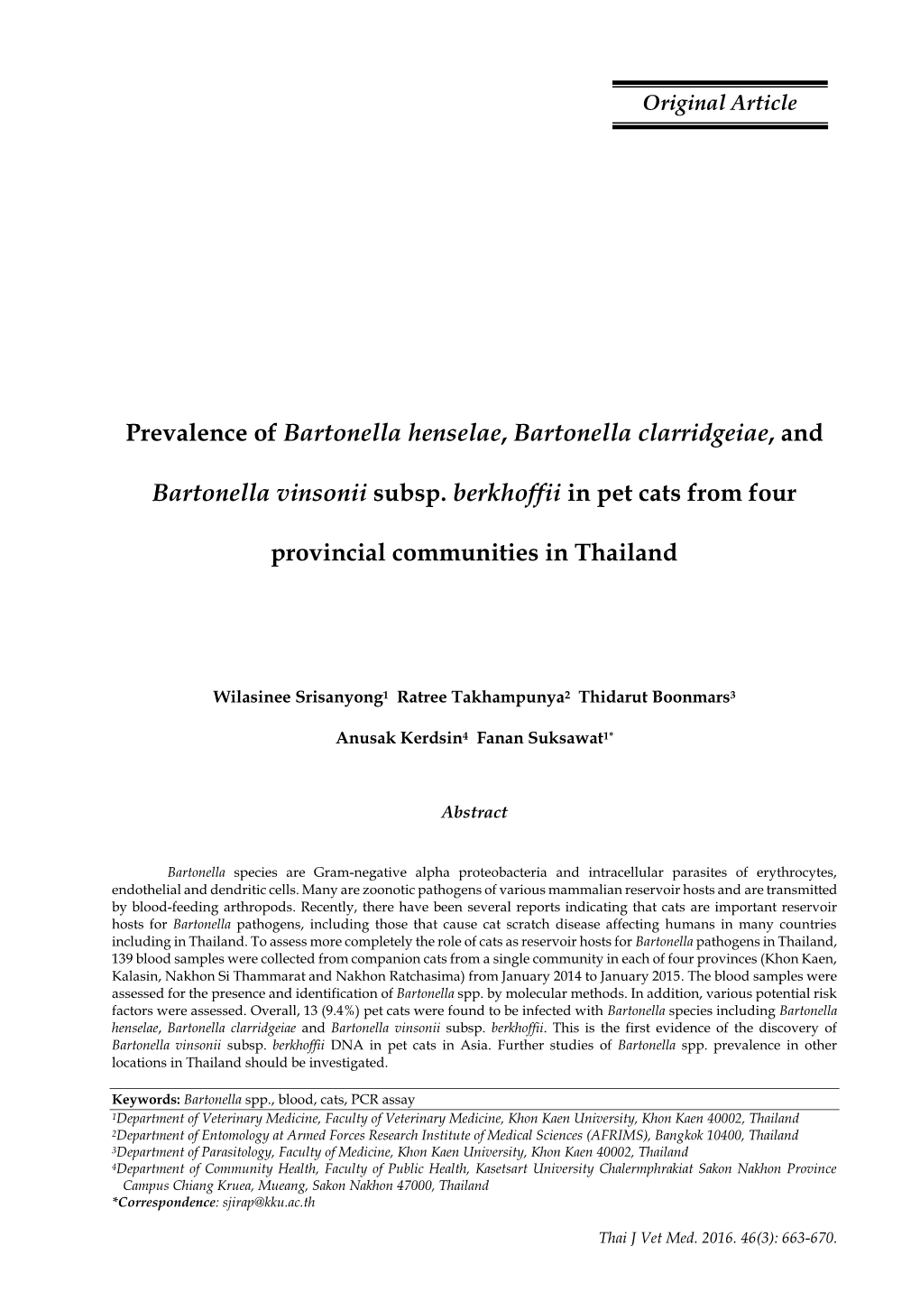 Prevalence of Bartonella Henselae, Bartonella Clarridgeiae, And