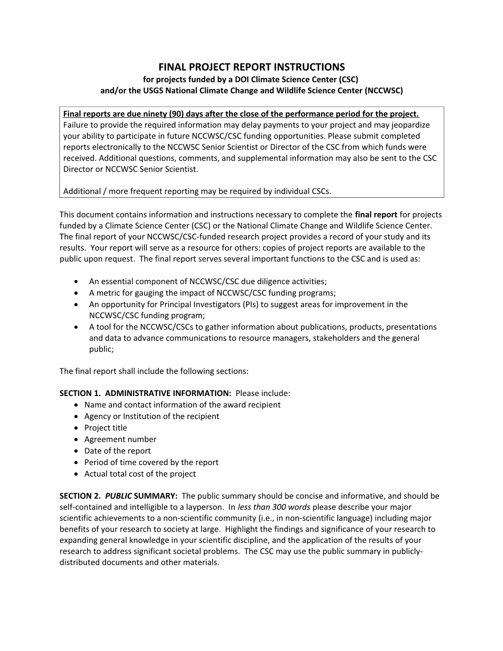 FINAL PROJEC T REPORT INSTRUCTIONS for Projects Funded by a DOI Climate Science Center