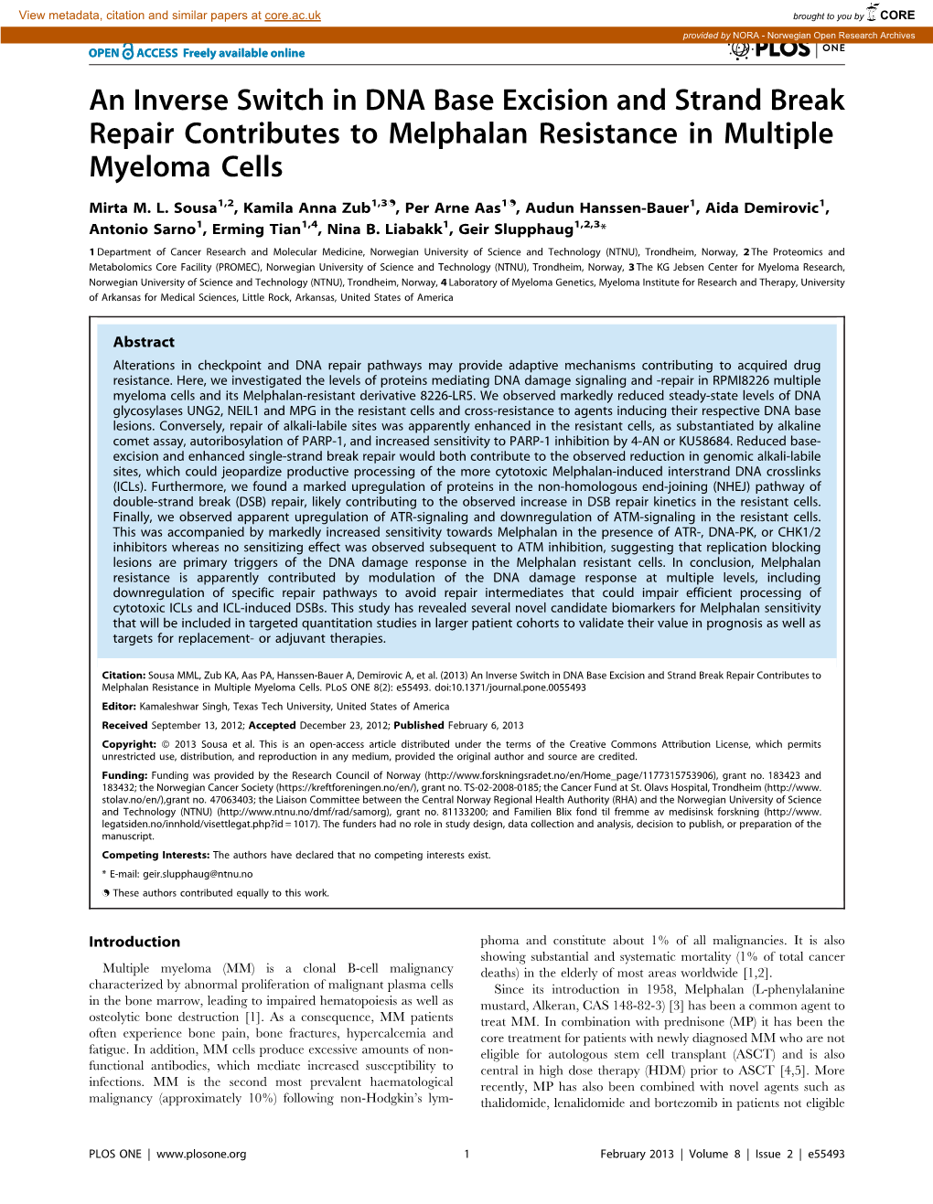 An Inverse Switch in DNA Base Excision and Strand Break Repair Contributes to Melphalan Resistance in Multiple Myeloma Cells