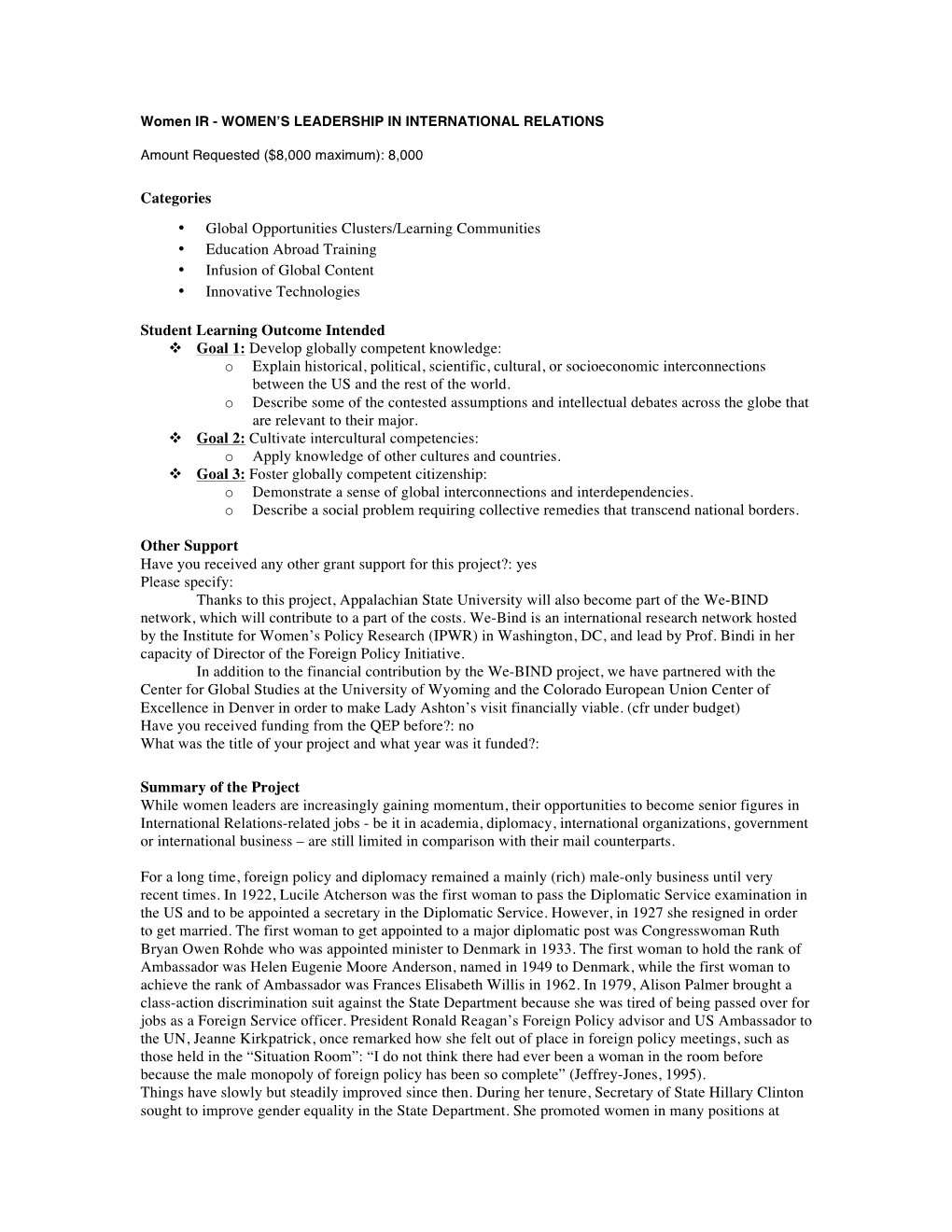 Categories • Global Opportunities Clusters/Learning Communities