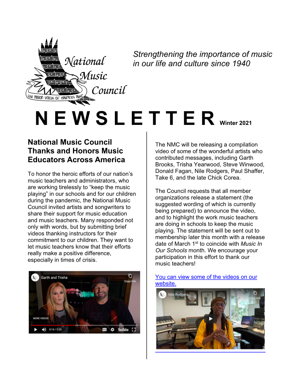 National Music Council's Winter 2021 Newsletter