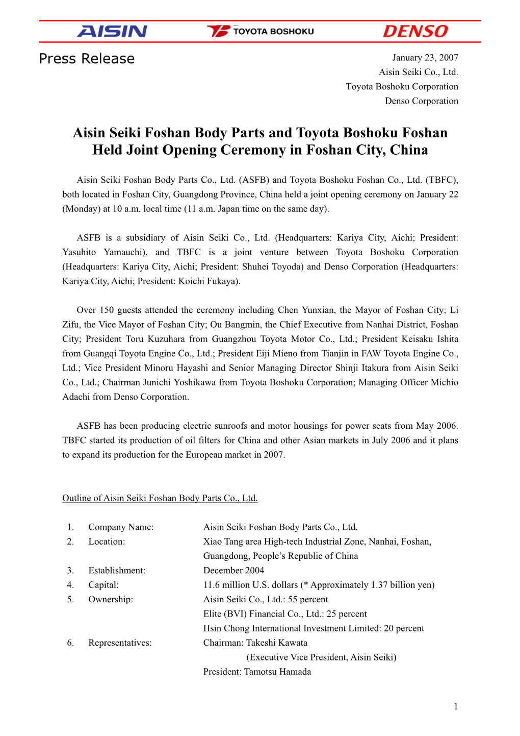 Aisin Seiki Foshan Body Parts and Toyota Boshoku Foshan Held Joint Opening Ceremony in Foshan City, China