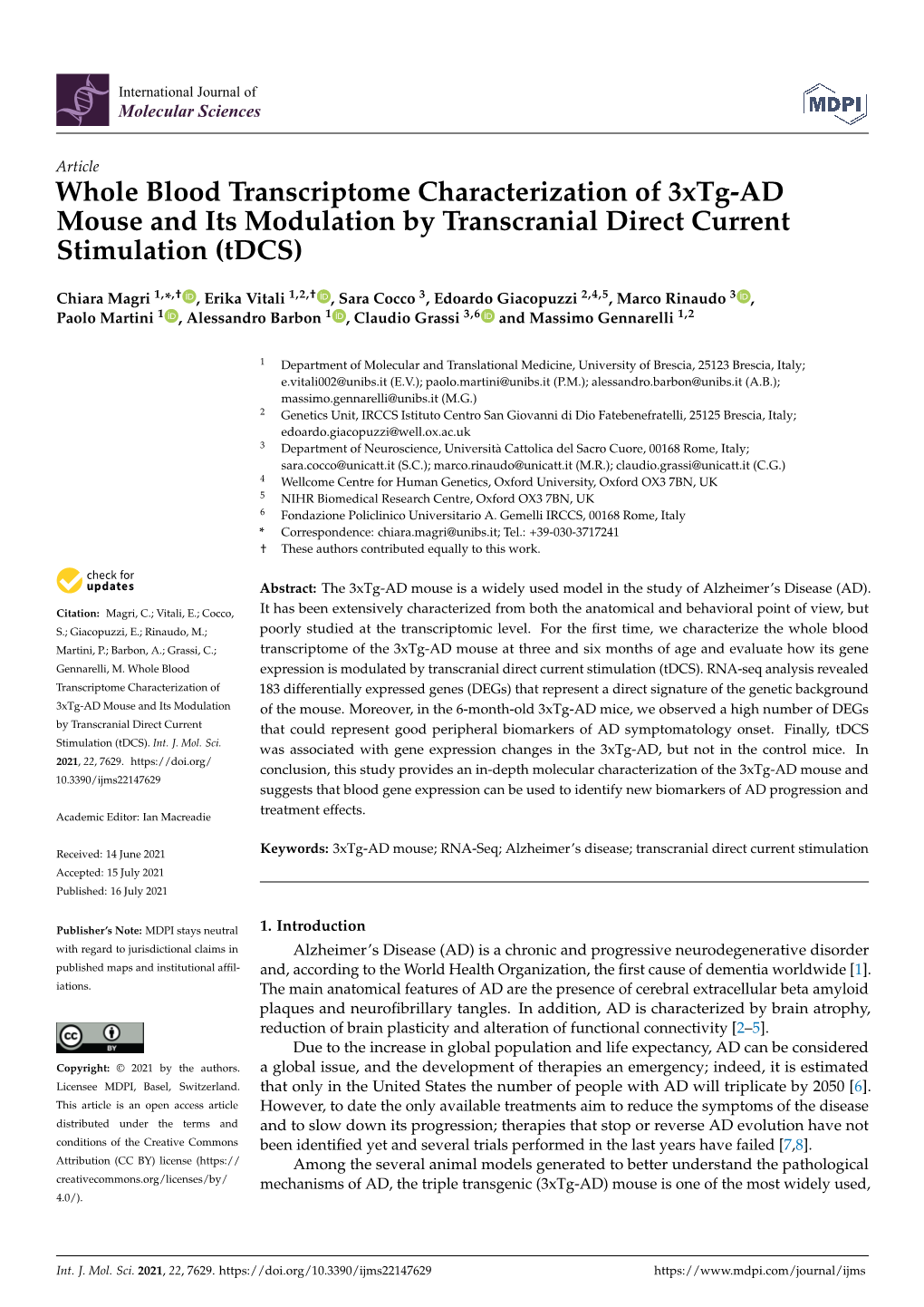 Whole Blood Transcriptome Characterization of 3Xtg-AD Mouse and Its Modulation by Transcranial Direct Current Stimulation (Tdcs)