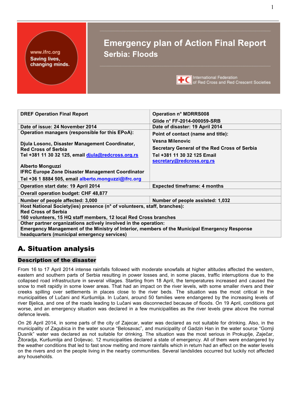 Emergency Plan of Action Final Report Serbia: Floods