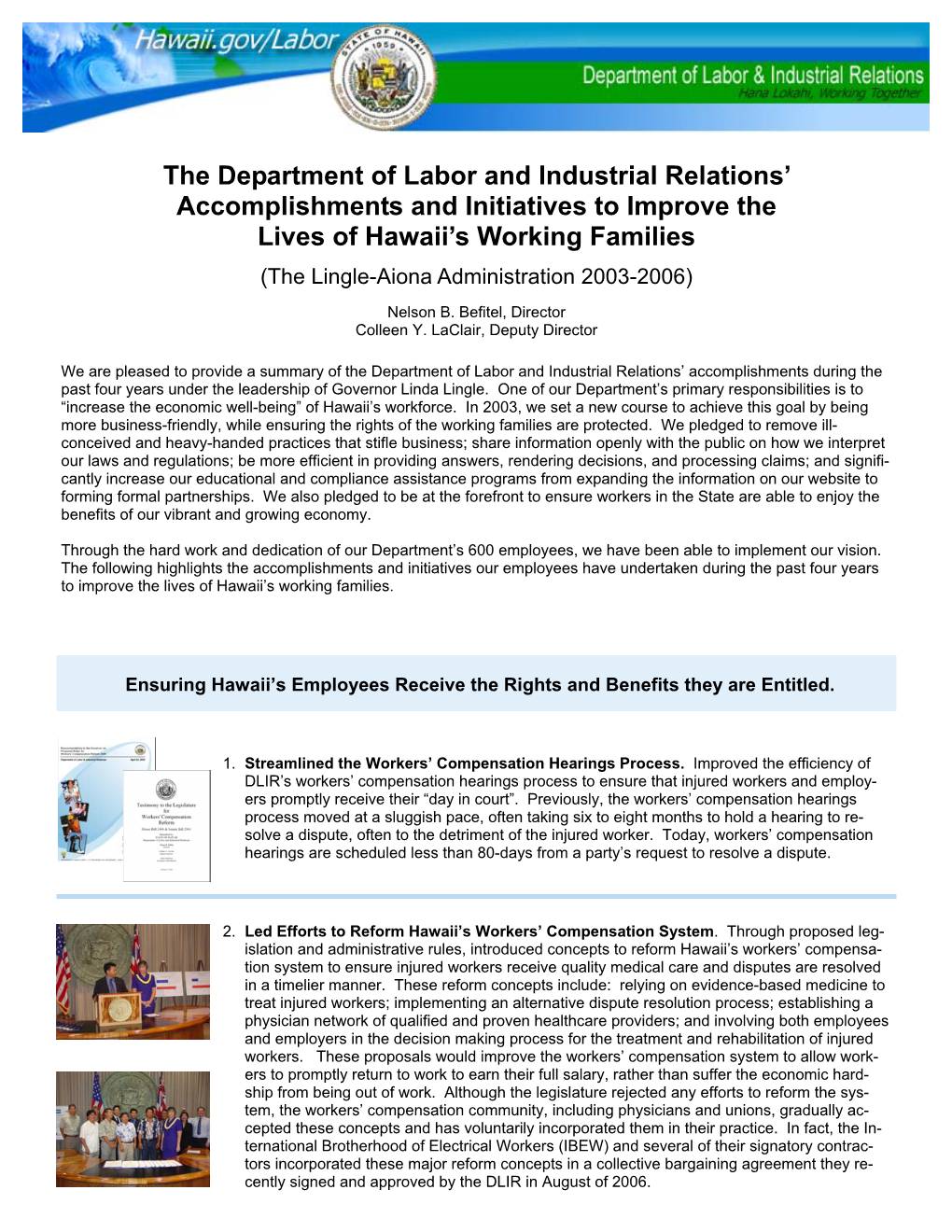 The Department of Labor and Industrial Relations’ Accomplishments and Initiatives to Improve the Lives of Hawaii’S Working Families