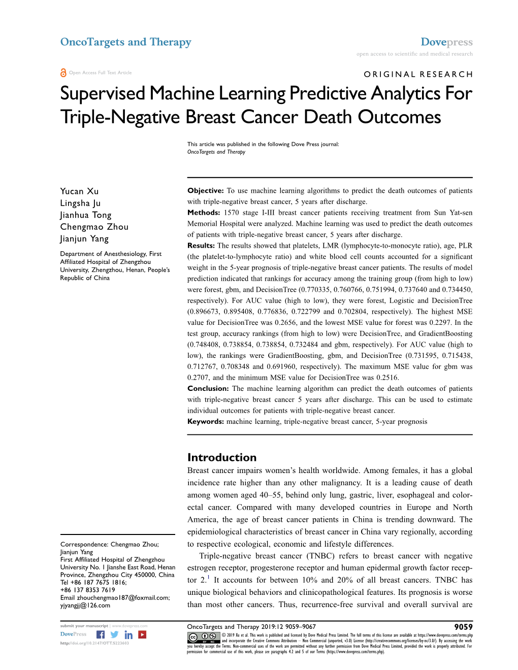 Supervised Machine Learning Predictive Analytics for Triple-Negative Breast Cancer Death Outcomes