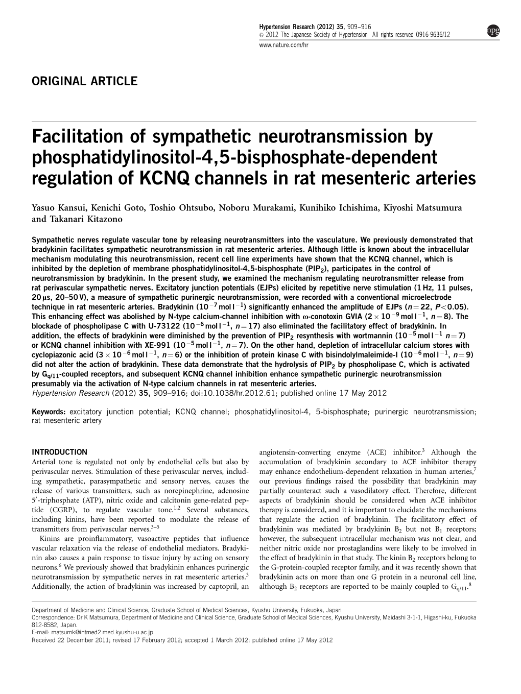 Facilitation of Sympathetic Neurotransmission by Phosphatidylinositol-4,5-Bisphosphate-Dependent Regulation of KCNQ Channels in Rat Mesenteric Arteries