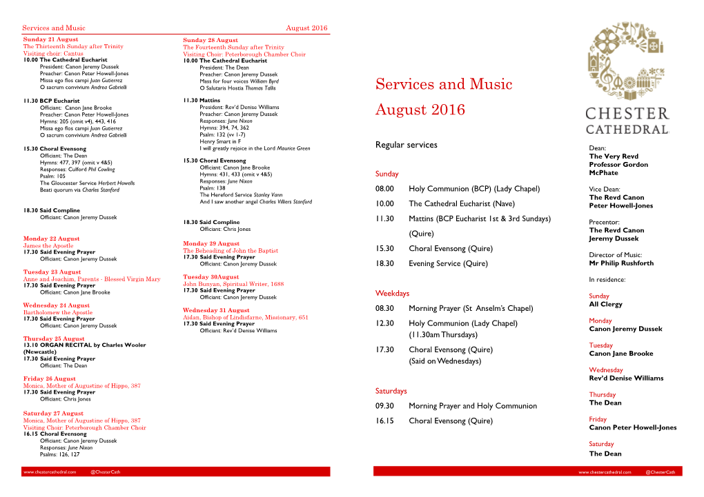 Services and Music August 2016