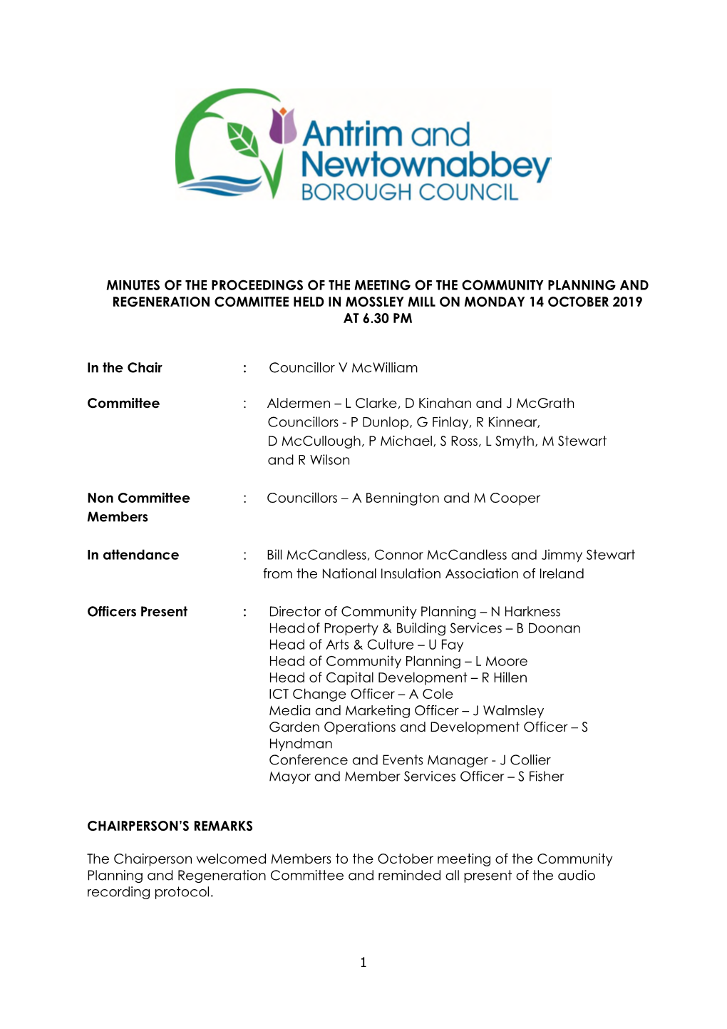 Minutes of the Proceedings of the Meeting of the Community Planning and Regeneration Committee Held in Mossley Mill on Monday 14 October 2019 at 6.30 Pm