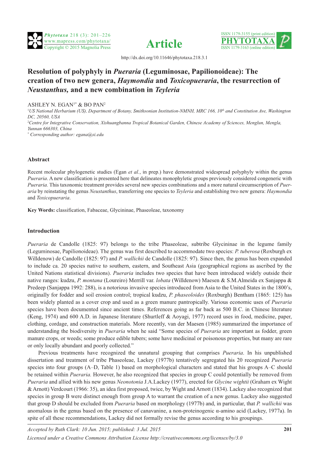 Resolution of Polyphyly in Pueraria (Leguminosae