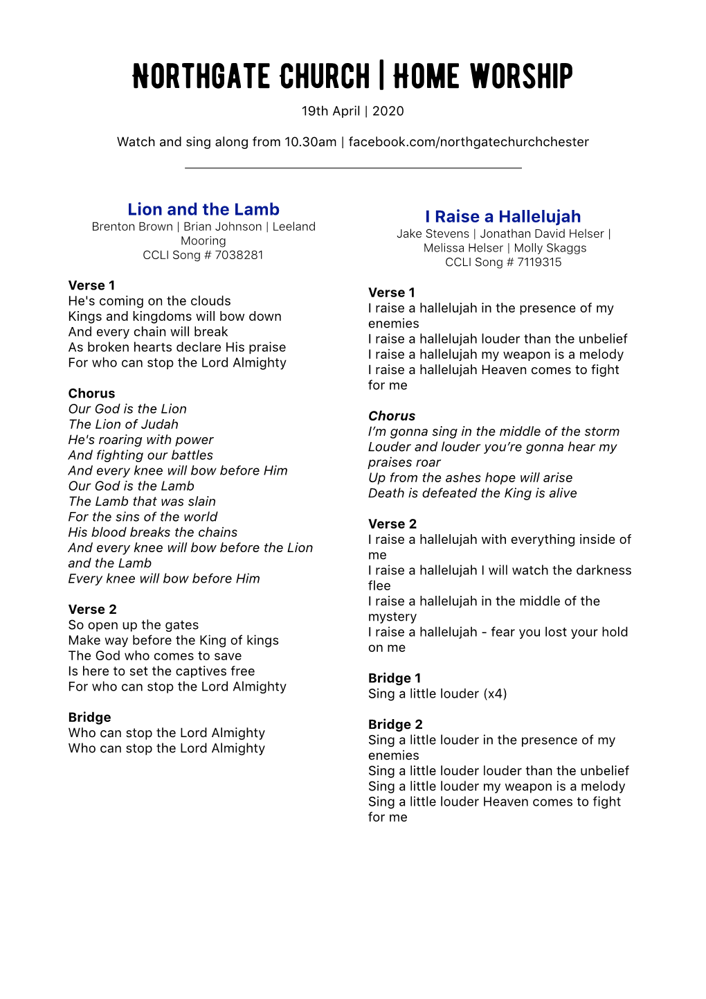 Live Worship Lyrics 19/4/20