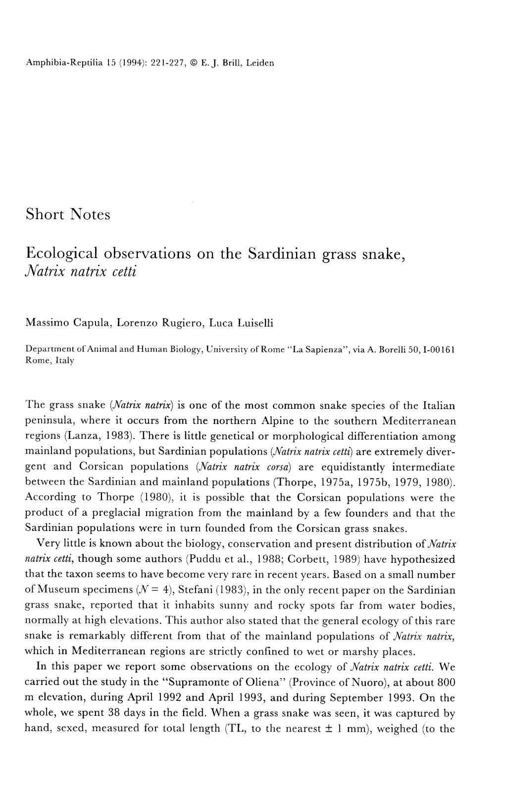 Short Notes Ecological Observations on the Sardinian Grass Snake