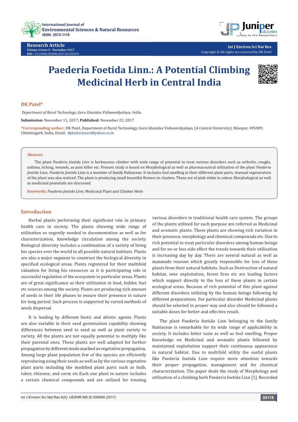 Paederia Foetida Linn.: a Potential Climbing Medicinal Herb in Central India