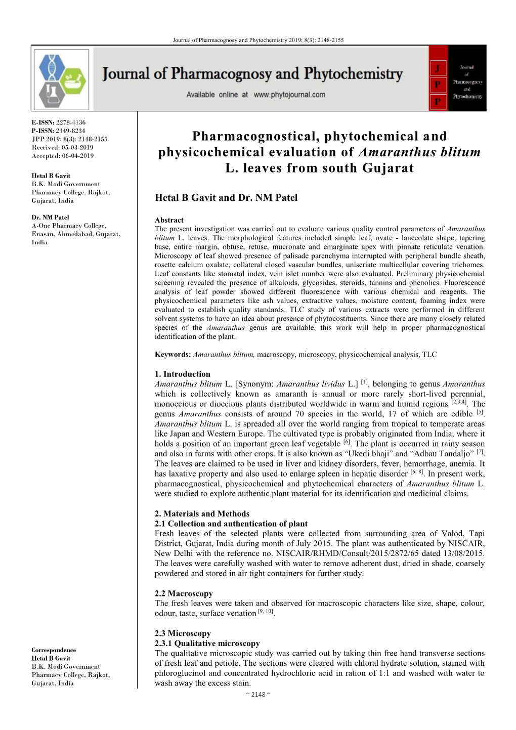 Pharmacognostical, Phytochemical and Physicochemical Evaluation of Amaranthus Blitum L. Leaves from South Gujarat