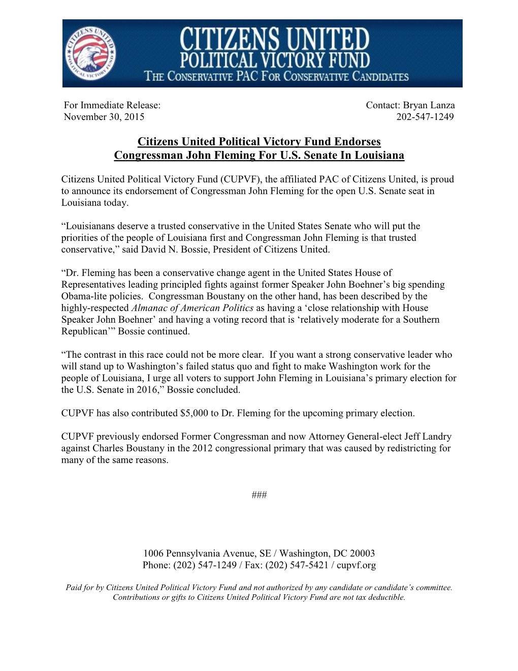 Citizens United Political Victory Fund Endorses Congressman John Fleming for U.S