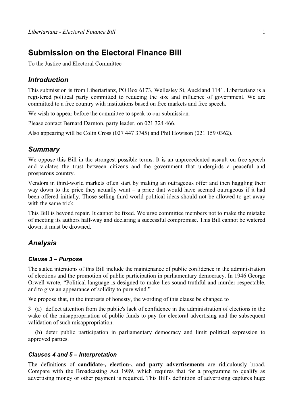 Submission on the Electoral Finance Bill to the Justice and Electoral Committee