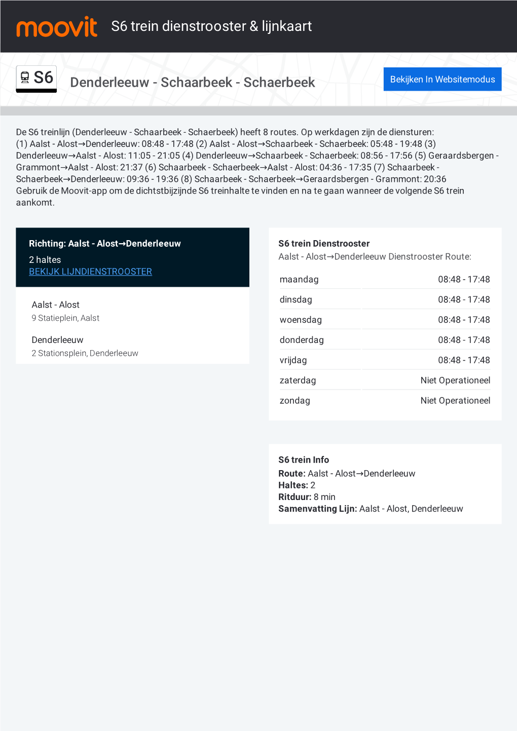 S6 Trein Dienstrooster & Lijnroutekaart