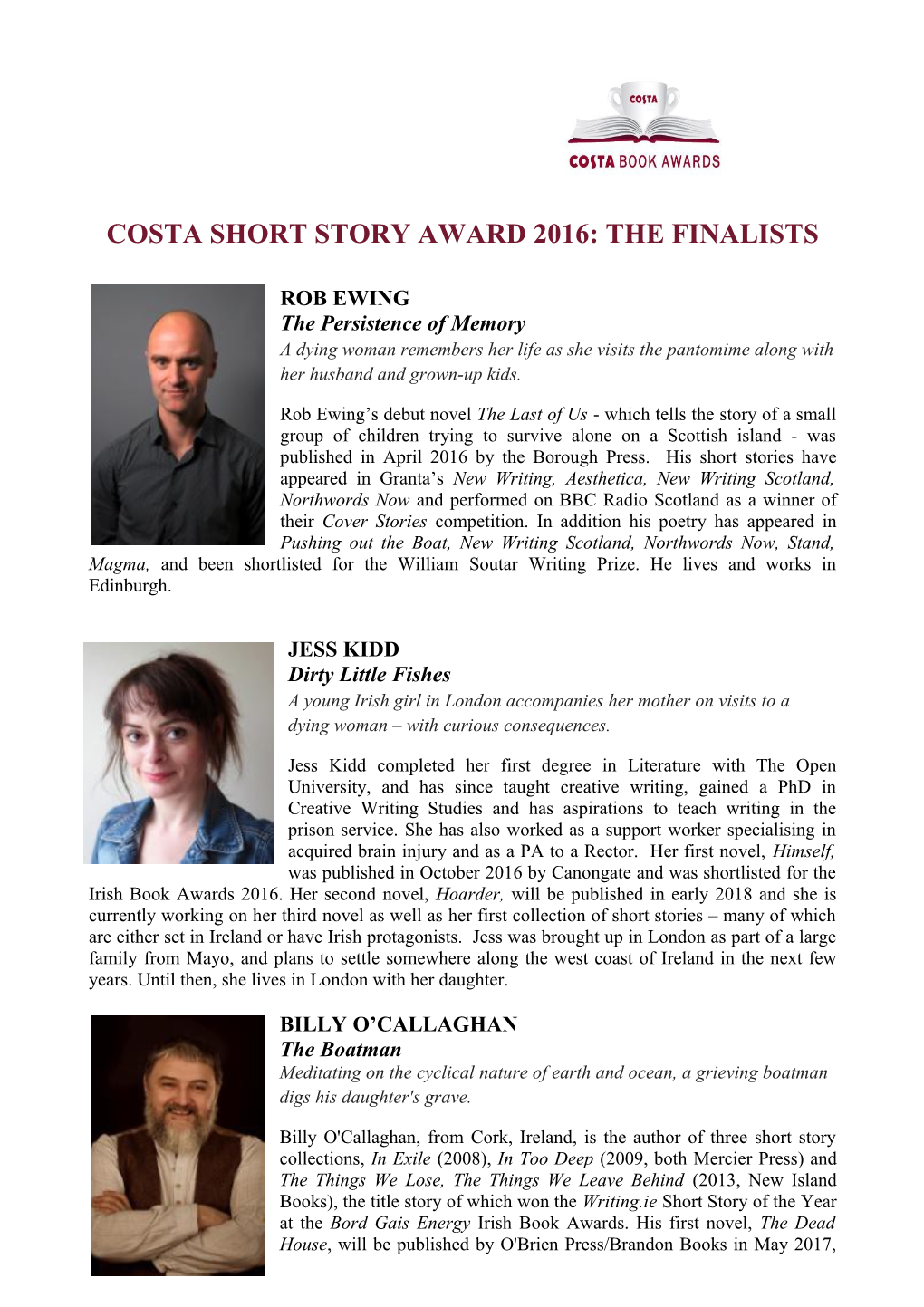 Costa Short Story Award 2016: the Finalists