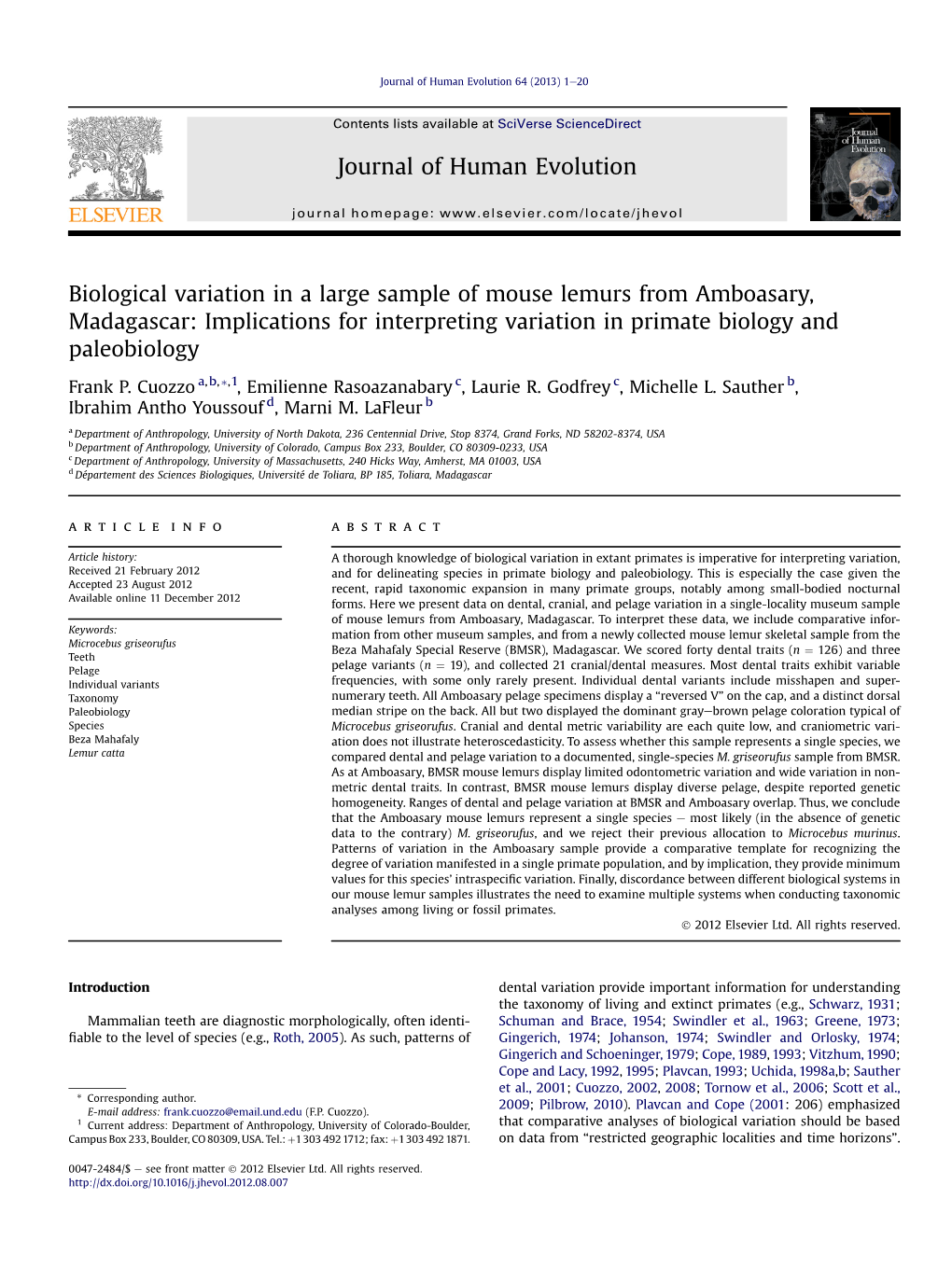 Biological Variation in a Large Sample of Mouse Lemurs from Amboasary, Madagascar: Implications for Interpreting Variation in Primate Biology and Paleobiology