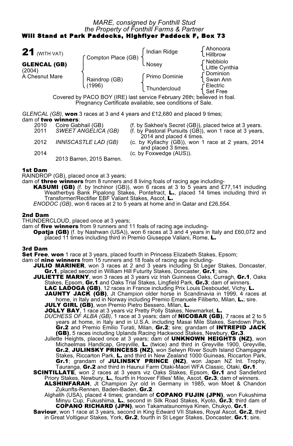 MARE, Consigned by Fonthill Stud the Property of Fonthill Farms & Partner