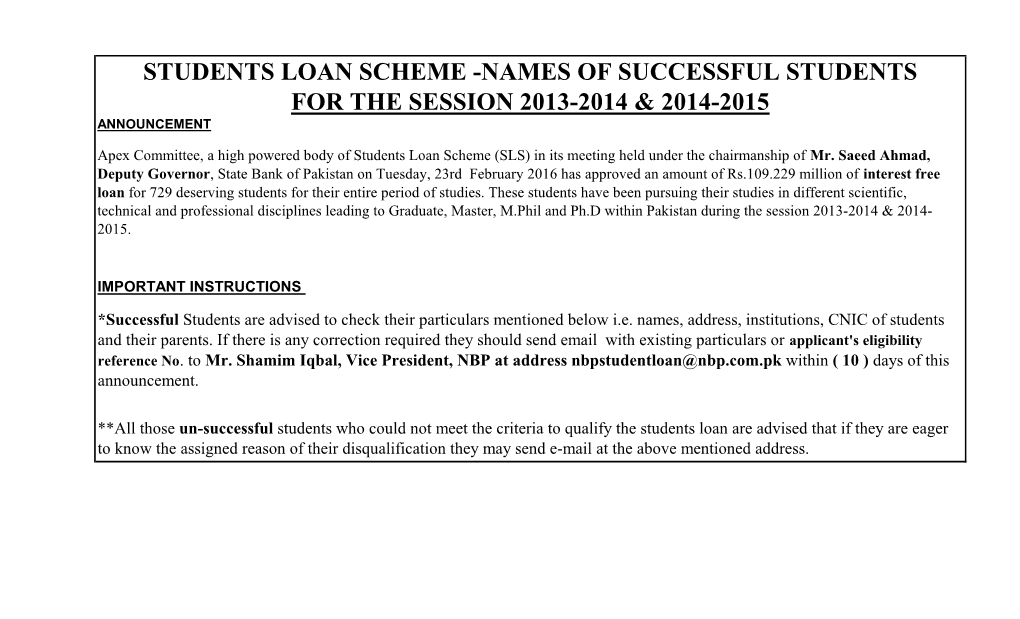 Students Loan Scheme -Names of Successful Students for the Session 2013-2014 & 2014-2015 Announcement