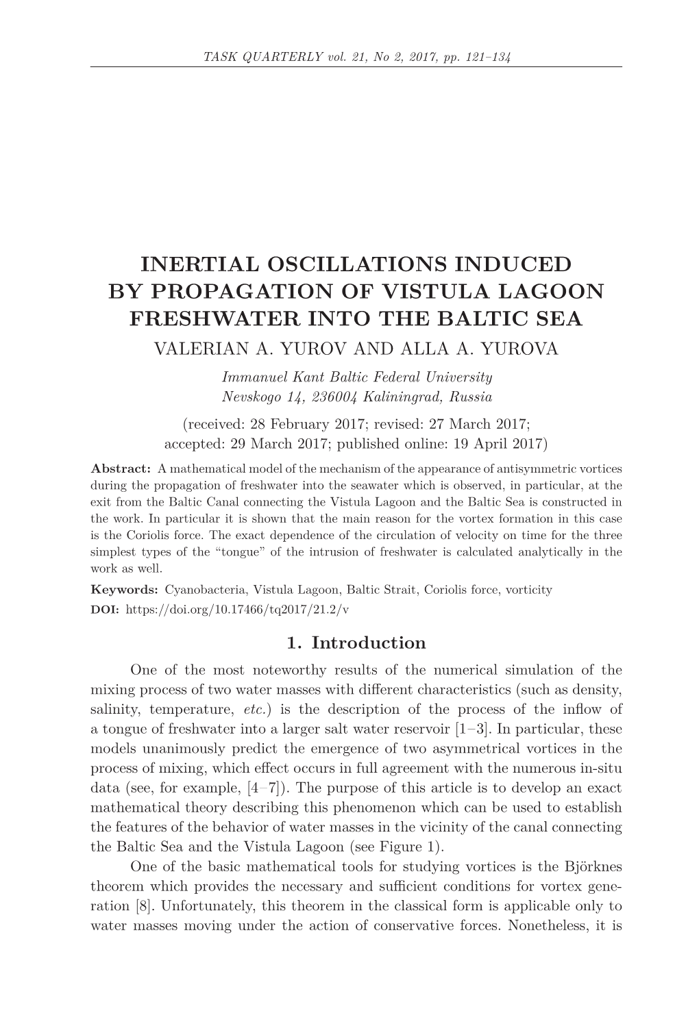 Inertial Oscillations Induced by Propagation of Vistula Lagoon Freshwater Into the Baltic Sea Valerian A