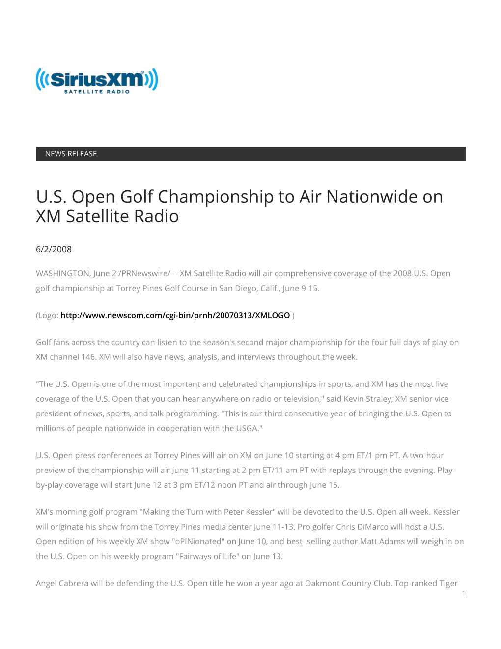 U.S. Open Golf Championship to Air Nationwide on XM Satellite Radio