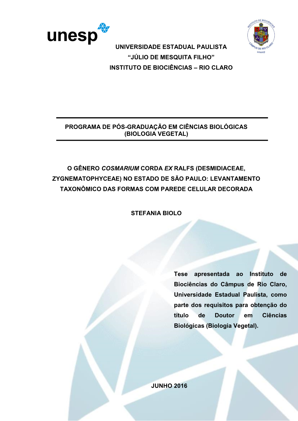 Instituto De Biociências – Rio Claro Programa De Pós