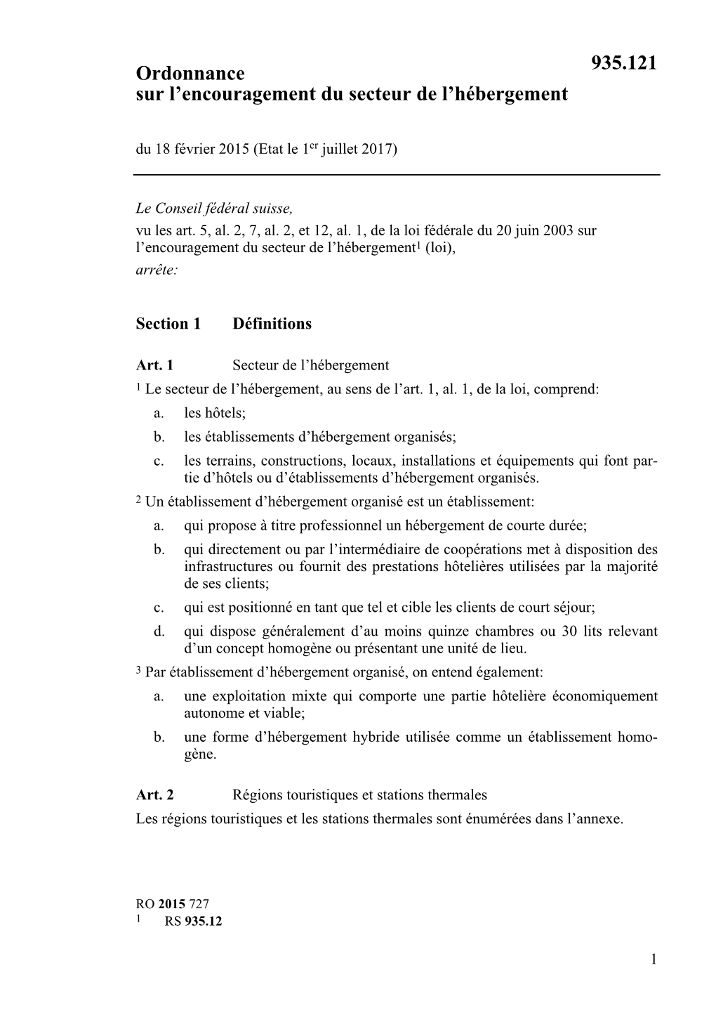 Ordonnance Sur L'encouragement Du Secteur De L'hébergement